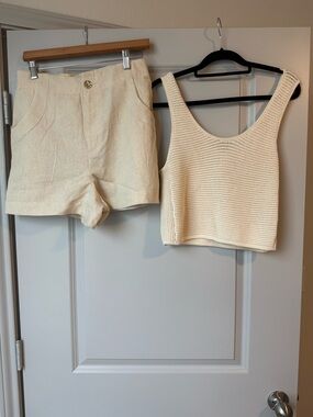 House of Harlow 1960 Cream Crocheted Knit Tank and Shorts Set